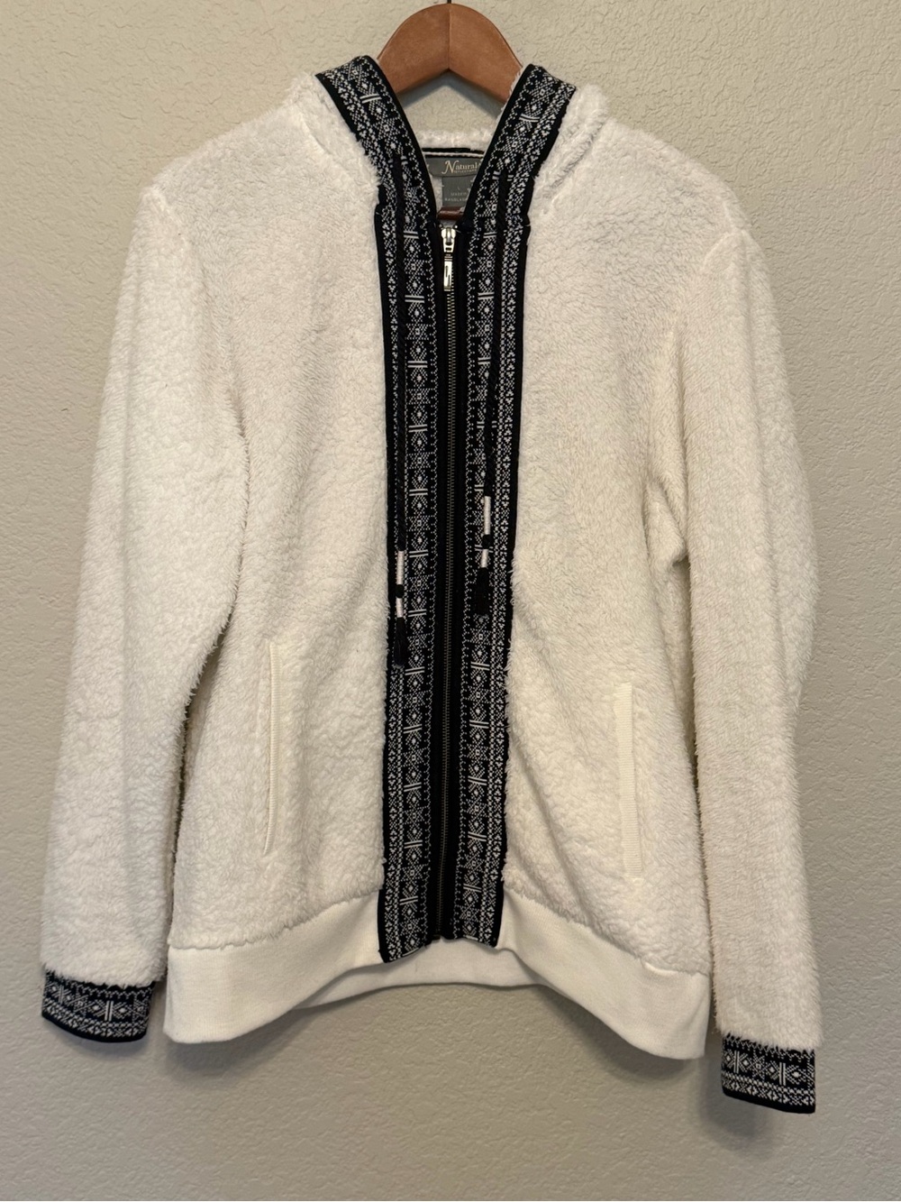 Natural Reflections Cream with Black Trim Teddy Zippered Hoodie Jacket Large